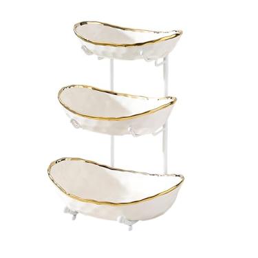 Imagem de jessie Tigela de frutas de 3 camadas para balcão de cozinha, tigela de cerâmica com suporte de metal, cesta de frutas de 3 camadas para pão de legumes, doces, salgadinhos, nozes e sobremesa (tigela