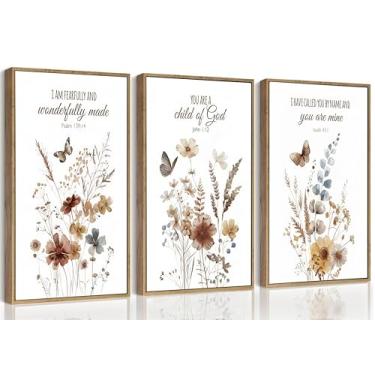 Imagem de 3 peças arte de parede floral para berçário cristão versículo bíblico flores silvestres borboleta pôster pintura imagem decoração de parede impressão em tela para quarto de bebê menina quarto