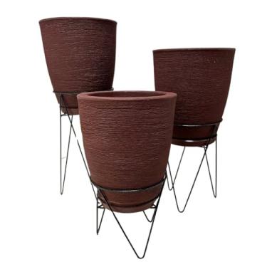 Imagem de Kit 3 Vasos Escovados Coluna Bojo Decorativos Planta Flor Jardim Sala + Suporte Tripé de Ferro (Marrom)