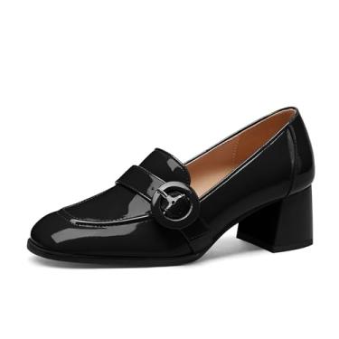 Imagem de GOFOURTHAT Mocassim feminino salto grosso salto bloco sem cadarço bico quadrado 5 cm salto baixo clássico escritório vestido casual sapatos, Patente preta, 38