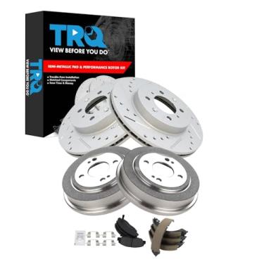 Imagem de TRQ Pastilha de freio dianteiro e traseiro e rotor, kit de sapata e tambor Desempenho semi-metálico revestido com G premium compatível com Honda Civic 1996-2000
