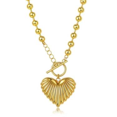 Imagem de Colar feminino com pingente de coração de ouro grosso, banhado a ouro, corrente de contas de aço inoxidável, joias retrô para presente de namorada, esposa para Dia dos Namorados, aniversário, Natal