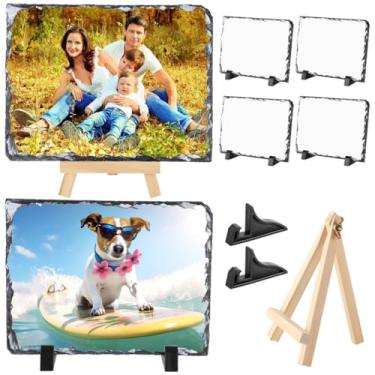 Imagem de Pacote com 6 placas de pedra fotográfica de sublimação, molduras de pedra de 19 x 13 cm com bases de exibição, ardósia de presente de transferência de calor DIY para uso em desktop