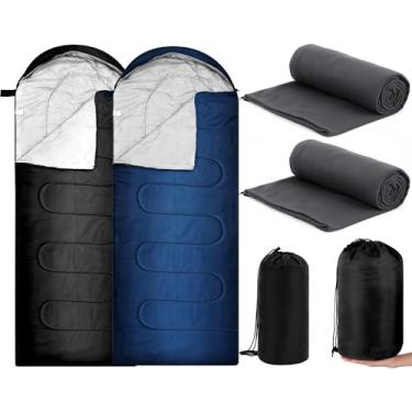 Imagem de Tranqun Conjunto de 2 sacos de dormir para acampamento com forro de lã de algodão para adultos, quente, portátil, impermeável, leve com saco de compressão para acampamento, mochila, caminhada, viagem