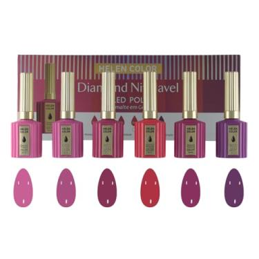 Imagem de 6 Esmaltes Diamond Nivelável Helen Color, Kit Profissional de Esmaltes em Gel, 6 Cores, Acabamento Brilhante, 15ml por Frasco (Kit A)
