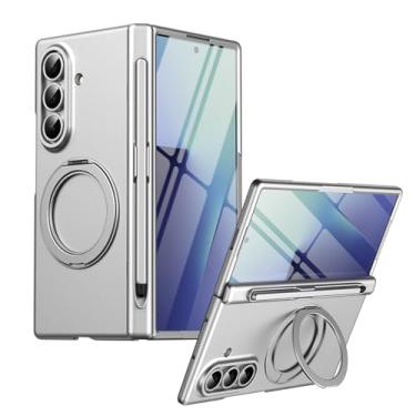 Imagem de FWYANZH Capa para Samsung Galaxy Z Fold 7, capa com suporte de anel magnético, protetor de tela embutido, compartimento para caneta, dobradiça para câmera, capa de telefone à prova de choque, prata