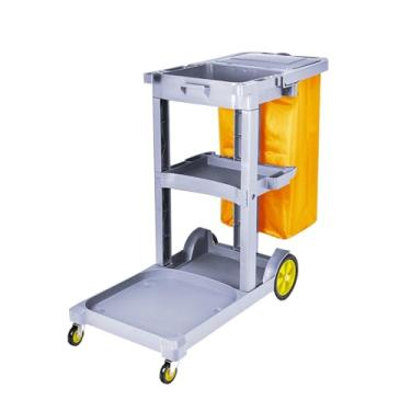 Imagem de Carrinho utilitário de limpeza comercial com saco de vinil, carrinho de limpeza doméstica de 3 prateleiras, carrinho de limpeza sobre rodas (cinza)