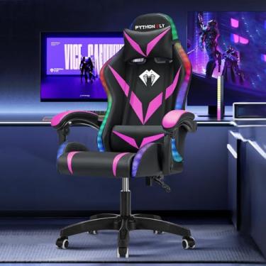 Imagem de Cadeira Gamer RGB Python Fly com Iluminação Decorativa, Encosto Reclinável, Design Ergonômico para Escritório e Jogos (Roxo)