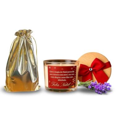 Imagem de Vela Aromática Natalina em Cera de Coco, 100g, Pavio de Algodão, Decorativa com Mensagem Feliz Natal, Recipiente de Vidro com Laço Vermelho (Lavanda)