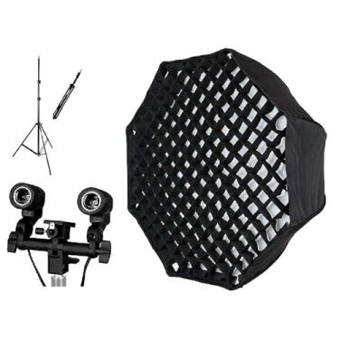 Imagem de Kit Softbox Octagonal 80cm com Grid + Tripé 2m + Suporte Duplo – Iluminação Profissional para Estúdio Fotográfico