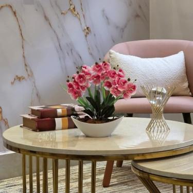 Imagem de Arranjo de Orquídea Artificial Phalaenopsis com Vaso Côncavo Branco e Casca Polida - Decoração Sofisticada para Ambientes Internos(Rosa Escuro)
