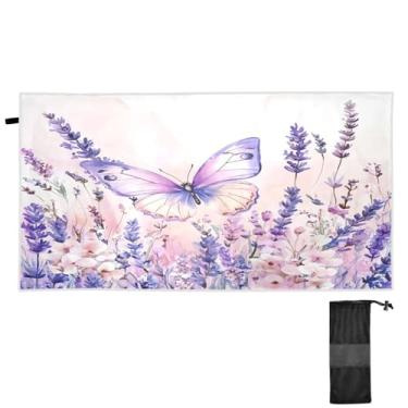 Imagem de ATTX Linda toalha de praia de borboleta e lavanda 79 x 189 cm - Cobertor de microfibra leve de secagem rápida e resistente à areia para piscina, ioga, academia e viagens | Esportes de banho de natação