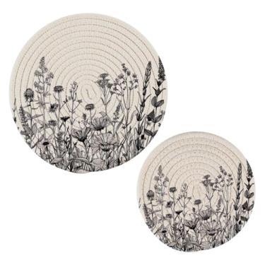 Imagem de Blueangle 2 peças de suporte de panela de trivet de flores pretas e brancas - conjunto de pegadores de panela de tecido redondo - almofadas quentes trançadas de algodão - porta-copos - tapetes de mesa