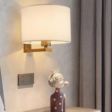 Imagem de GZZBMY E27 Lâmpadas de parede internas Arandela de metal moderna com tecido redondo Abajur Iluminação de parede de cabeceira para quarto sala de estar Escadaria (sem lâmpada) (Redondo, Cobre + Branco)