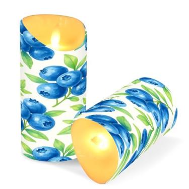 Imagem de Blueangle Pacote com 2 velas sem chama com padrão de mirtilo aquarela com controle remoto e temporizador, velas LED cintilantes (7,6 cm x 9,9 cm) para decoração de casa, casamento, acampamento (92)