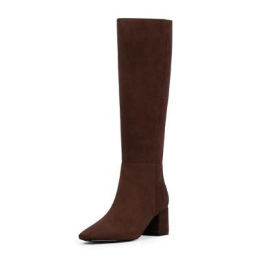 Imagem de VIUGJNEX Botas de cano alto femininas salto grosso bico quadrado botas altas para mulheres salto médio longo botas de outono com zíper lateral, Camurça chocolate, 38