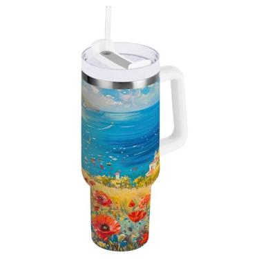 Imagem de Kigai Copo bonito de pintura a óleo de flor de penhasco de 1,134 g com tampa e palha, copo isolado de aço inoxidável durável à prova de vazamento com alça, garrafas de água à prova de derramamento