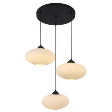 Imagem de Luminária pendente com 3 lâmpadas em cluster, lustre preto em formato de globo, luminária pendente grande em vidro leitoso, estilo moderno de meados do século XX, iluminação pendente com múl
