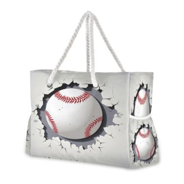 Imagem de Wassud Bolsa de praia branca de beisebol grande para mulheres, impermeável, à prova d'água, à prova de areia, bolsa de viagem com zíper e bolso para piscina, academia, acampamento