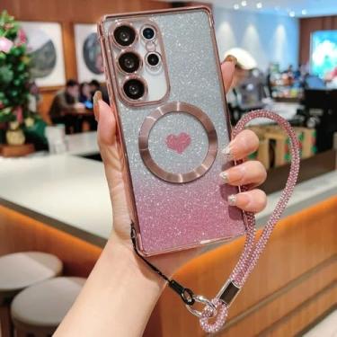 Imagem de Capa para celular com pulseira magnética e revestimento cromado para Samsung Galaxy S24 S23 S21 FE S25 Ultra S22 Plus, capa protetora com glitter degradê, rosa, para Samsung Galaxy S20 FE