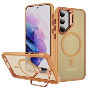 Imagem de Capa magnética fosca para Samsung Galaxy S24 Plus com suporte para lente e proteção contra quedas, laranja, compatível com Galaxy S24 Ultra.