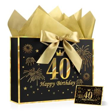 Imagem de YoungTree Saco de presente de aniversário de 40 anos com papel de seda e 1 fita de cartão comemorativo, sacos de presente de papel portátil com alças, sacos de presente de ouro preto para decorações