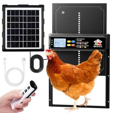 Imagem de Porta automática de galinheiro alimentada por energia solar com temporizador, sensor de luz, controle remoto, visor LCD, liga de alumínio, 4 modos automáticos, ampla porta solar para galinheiro