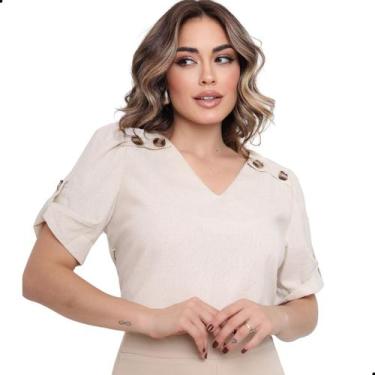 Imagem de Blusa Social Feminino Linho Alfaiataria com Botão - G-Store, Bege, M