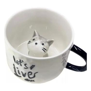 Imagem de Caneca Cerâmica Com Gato Dentro 3d Xícara Café Leite Chá(Cinza)