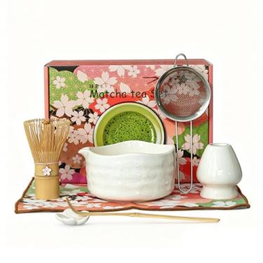 Imagem de SEEYAURO Conjunto de batedor Matcha – Conjunto de 7 peças japonesas Matcha com tigela Matcha, batedor de bambu, suporte de batedor, colher, toalha e peneira - perfeito para amantes de matcha e