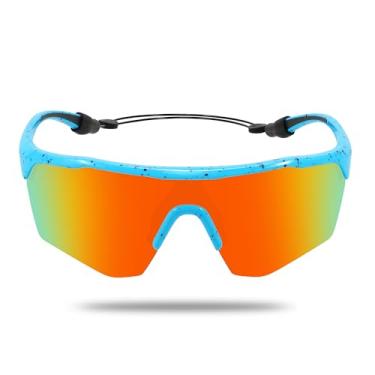 Imagem de Ofwin Óculos de sol esportivos infantis para meninos e meninas, polarizados, jovens, softball, beisebol, ciclismo, corrida, 5 a 15 anos, Armação azul/lente espelhada vermelha, standard