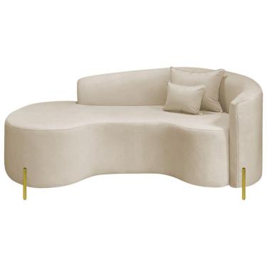 Imagem de Divã Recamier Curvo Sala De Estar Recepção Inglaterra 180cm Pés Metal Dourado Lado Esquerdo Linho Bege
