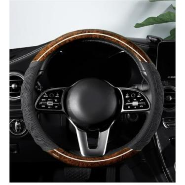 Imagem de Knonip Capa de volante couro de grão de madeira pêssego antiderrapante respirável absorvente de suor resistente ao desgaste 38 cm quatro estações protetor de roda de carro universal (marrom, em forma