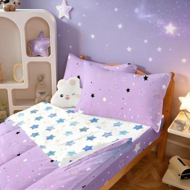 Imagem de Yadangxiawa Jogo de edredom infantil, solteiro, com estampa de estrela, estrelas azuis, lençol com elástico e fronhas para todas as estações (solteiro)