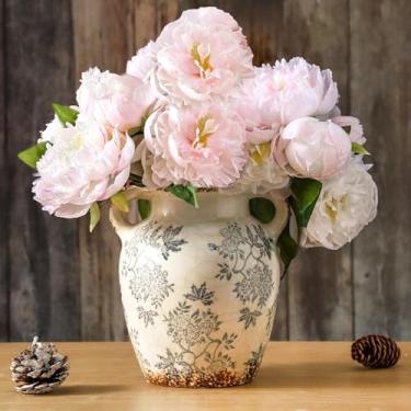 Imagem de Enra Vaso vintage com alça, vaso de flores decorativo de cerâmica azul e branco, vaso floral chinoiserie, vasos grandes rústicos para decoração de casa, sala de estar, estante de livros, escritório