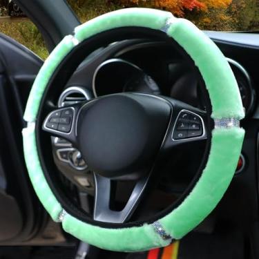 Imagem de Knonip Capa de volante respirável antiderrapante, capa de design de strass fofo de 38 cm, capa de alça de carro confortável e moderna para o inverno (verde)