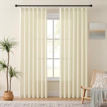 Imagem de Cortinas plissadas de linho, 203 cm de comprimento, 2 painéis para sala de estar, quarto, off-white, espesso, texturizado, ganchos, anéis, aba traseira, boho, filtro de luz neutra cortinas