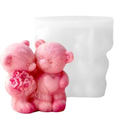 Imagem de Moldes de vela de silicone de urso rosa 3D, moldes de vela de urso de pelúcia para casal, moldes de silicone, moldes de silicone de cera de resina epóxi para artesanato faça você mesmo, sabonete