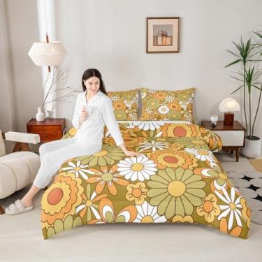 Imagem de Manfei Conjunto de edredom infantil hippie margarida, floral, amarelo, branco, alternativo, para decoração de quarto de adultos, planta de flor descolada vintage dos anos 70, microfibra ultramacia