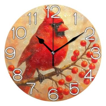 Imagem de GAIGEO Relógio de parede decorativo analógico escritório cozinha relógio redondo sem tique-taque silencioso, arte de parede boho decoração de casa pássaro vermelho de Natal vibrante, 25 cm, ponteiros
