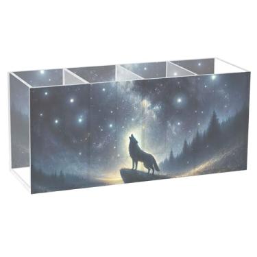 Imagem de TSENQUE Lindo suporte de caneta para mesa, lobo, uivo, galáxia, acrílico, papelário, porta-copos, organizador de mesa personalizado, acessórios e organizadores de mesa