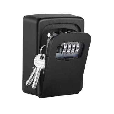 Imagem de Cofre de armazenamento de chaves montado na parede com combinação de 4 dígitos, resistente às intempéries para uso interno e externo, residências escritórios hotéis, preto