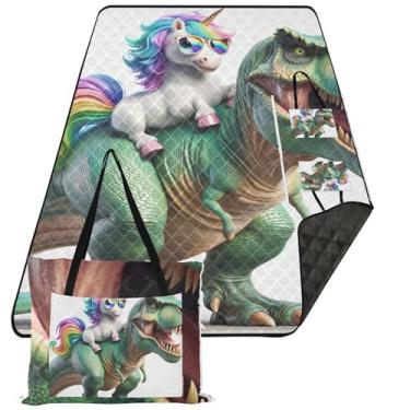 Imagem de TSENQUE Cobertor de praia de dinossauro unicórnio fofo sem areia impermeável, tapetes florais para acampamento tapete de piquenique tapete dobrável, 299 cm x 203 cm