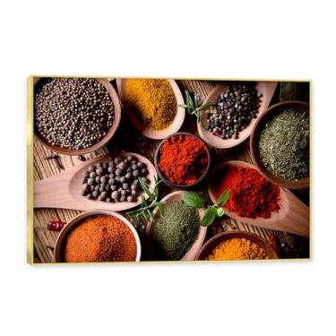 Imagem de Moldura dourada. Arte de parede em tela de especiarias coloridas e colher de tempero | Decoração de cozinha vintage | Arte moderna para casa e sala de jantar. C02. 30 x 45 cm-11,8 x 17,7 pol