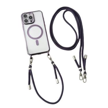 Imagem de Capa para iPhone 16, 15 Pro Max, 14, 13, 12 e 11, colar, cordão, alça de pulso, transversal, revestimento magnético, capa transparente, roxa, para iPhone 16