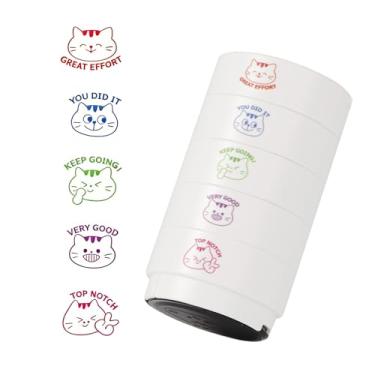 Imagem de 5-in-1 Teacher Stamp Set - Cat Theme Stampers for School Classroom Grading & Homework, Cute Round Colorful Teachers’ Stationery Assisted Tools Stamps On Motivational Encouraging