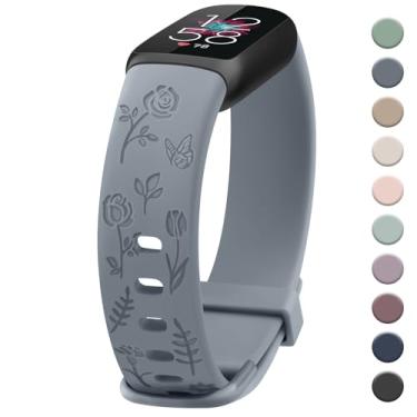 Imagem de Pulseira feminina com gravação floral, compatível com Fitbit Luxe, pulseiras esportivas macias de substituição para monitor de fitness e bem-estar Fitbit Luxe (azul cinza)