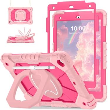 Imagem de Auizotl Capa para iPad 9ª/8ª/7ª geração, capa para iPad de 10,2 polegadas 9ª geração com protetor de tela/suporte giratório/suporte de caneta, capa resistente à prova de choque I Pad 9ª/8ª/7ª, rosa