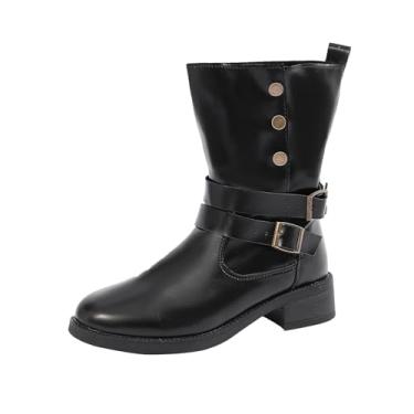 Imagem de Botas curtas femininas com bico redondo fivela de cinto e salto baixo grosso design de cano médio, Preto, 34