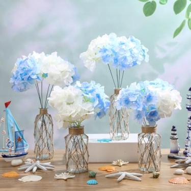 Imagem de Yungyan Conjunto de 2 vasos de vidro costeiros com flor de hortênsia, vaso de flores de vidro, boho, frasco decorativo para mesa náutica costeira, centro de mesa, festa de casamento, arranjo floral